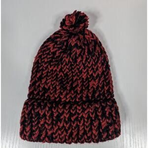 Crochet Hat Youth Size Homeade Red Black Pom Beanie